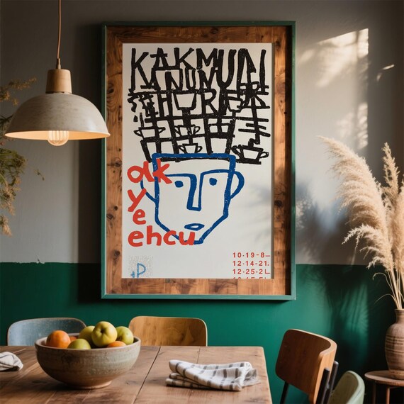 Abstract Line Face Blue Red Typography Modern Graphic Art Poster