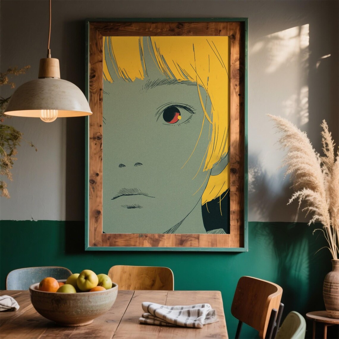 Manga Style Anime Girl Portrait Yellow Hair Red Eye Closeup Art Poster