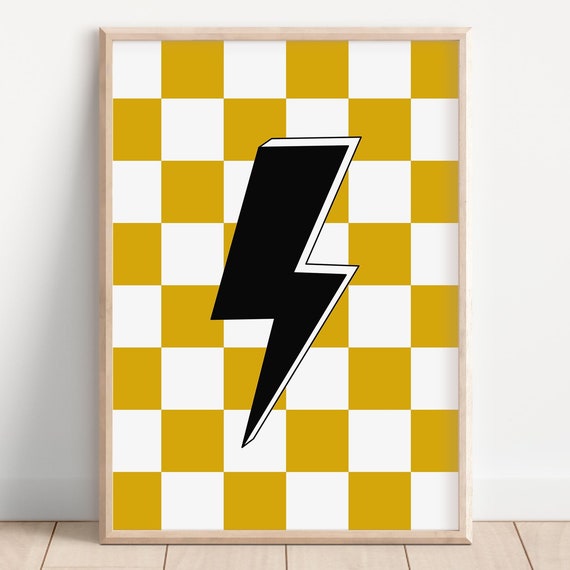 Yellow Black Nursery Checkered Lightning Bolt Kids Room Decor Toddler Poster Shared