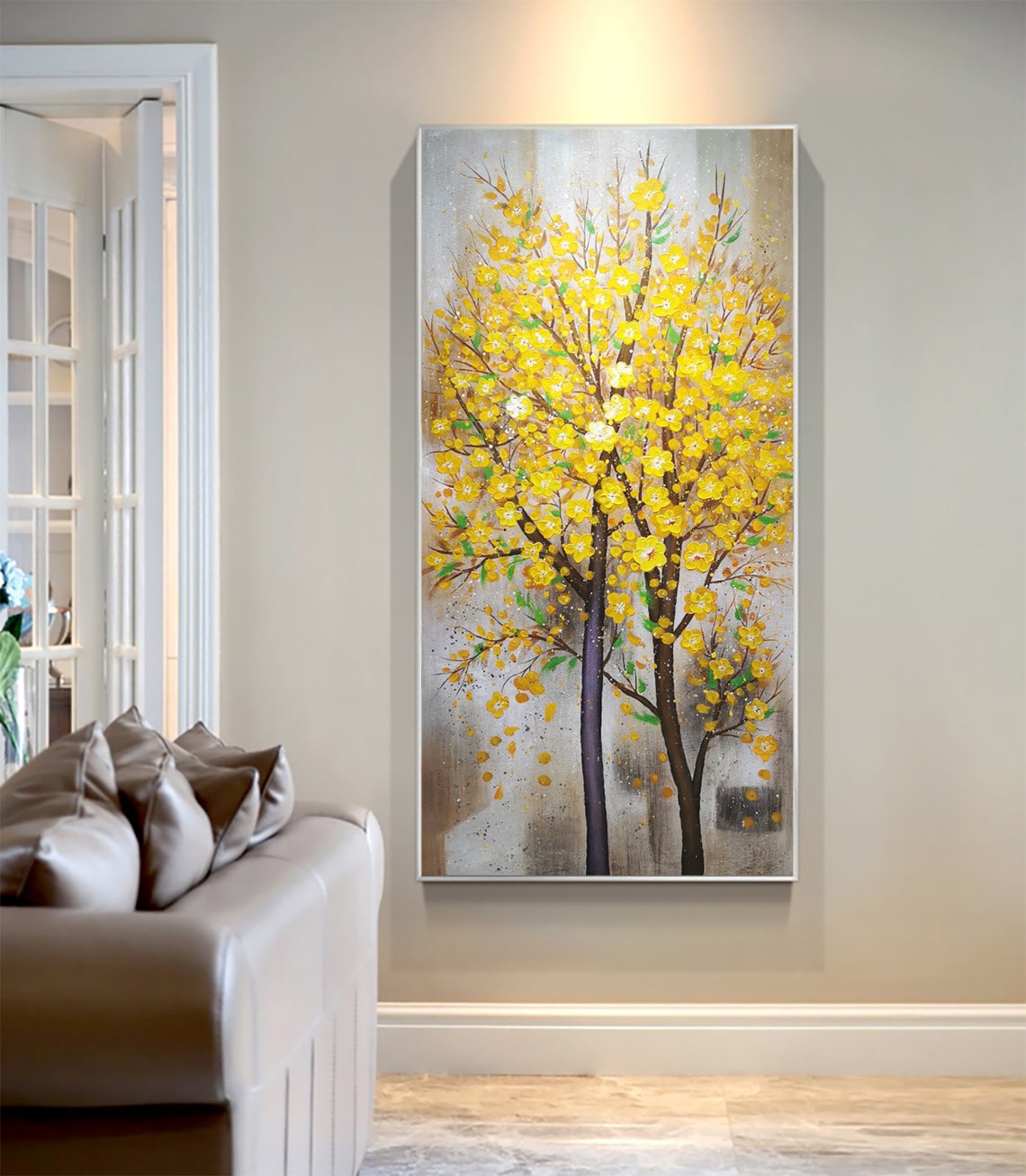 Large Art Yellow Flower Oil Painting On Living Room Wall Art Decor Texture Painting Palette Knife Painting Tree Painting Wall Decor - Image 4