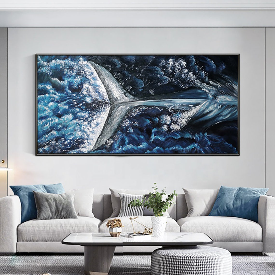 Deep Blue Whale Tail Splash Impasto Ocean Oil Painting Poster - Image 4