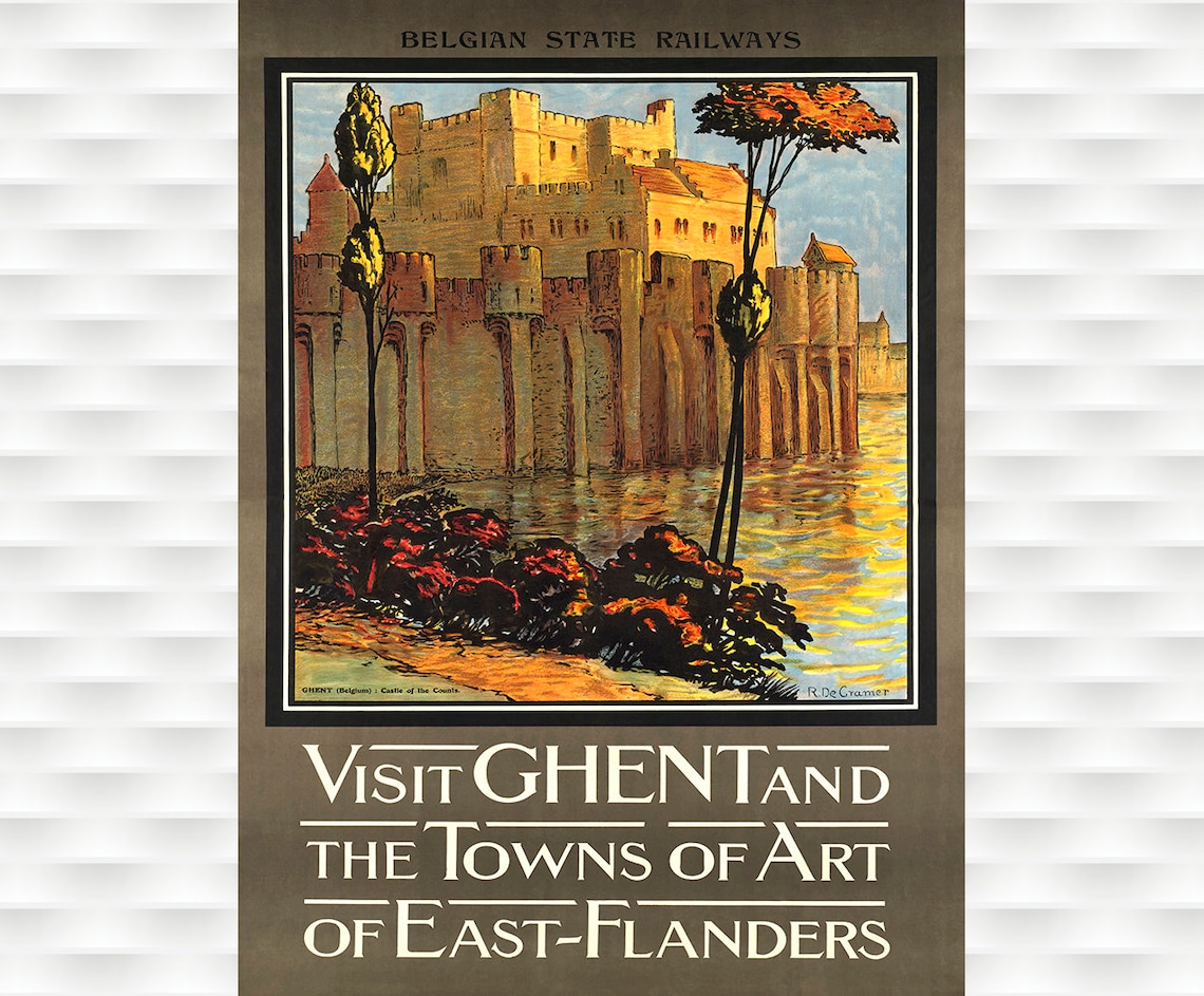 Visit Ghent Towns of Art East Flanders Belgian Railway Travel Poster