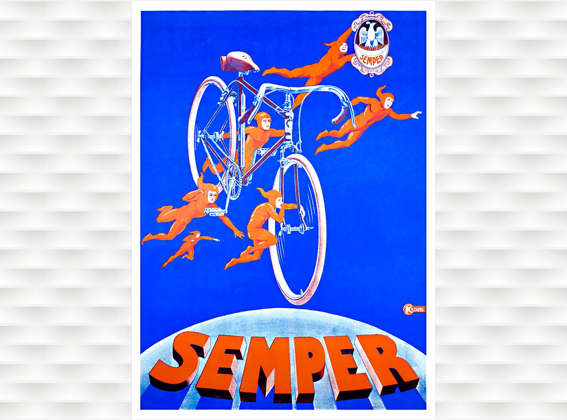 Semper Bicycle Orange Devils Carrying Bike Deep Blue Vintage Poster