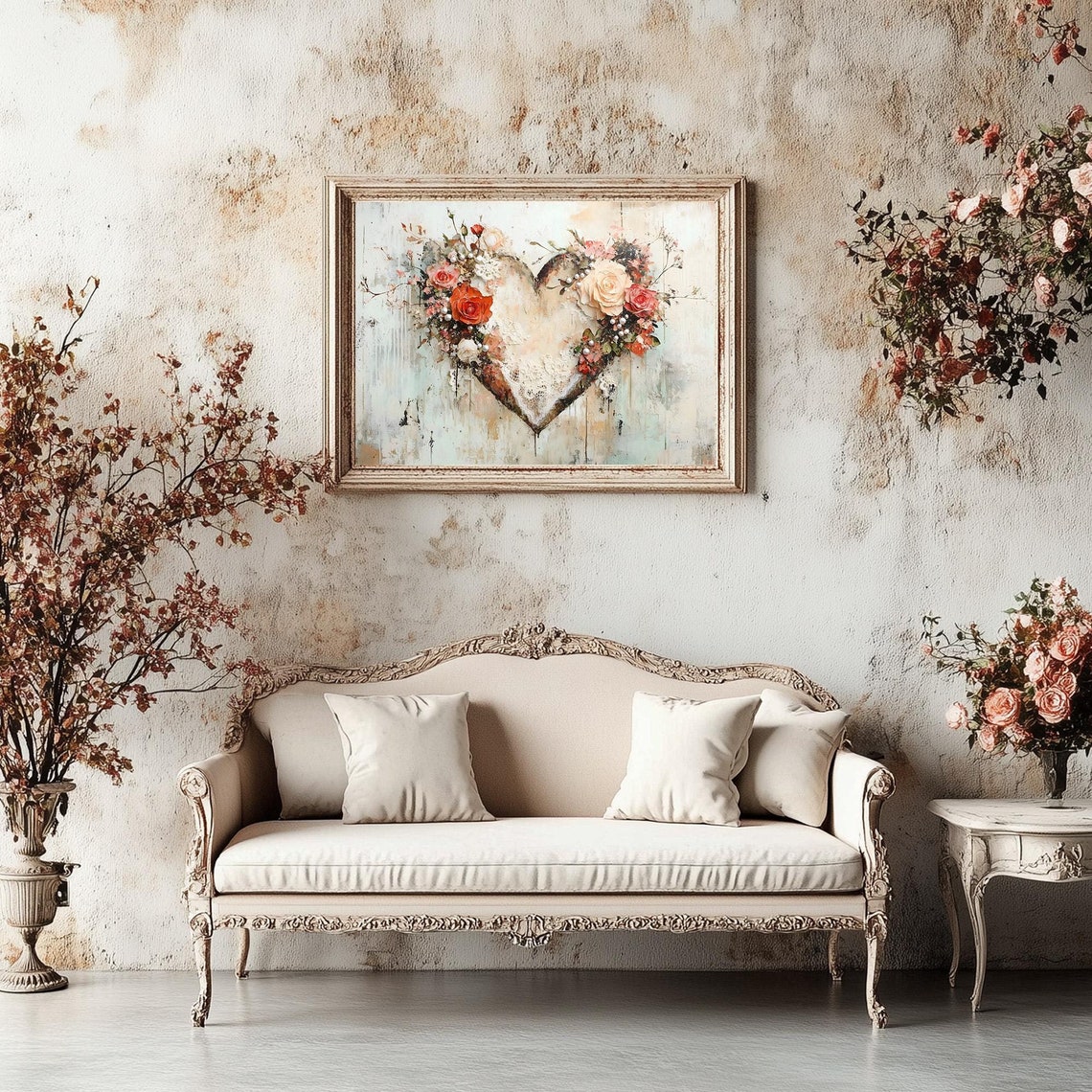 Vintage Floral Heart Roses Shabby Chic Romantic Rustic Wall Art
