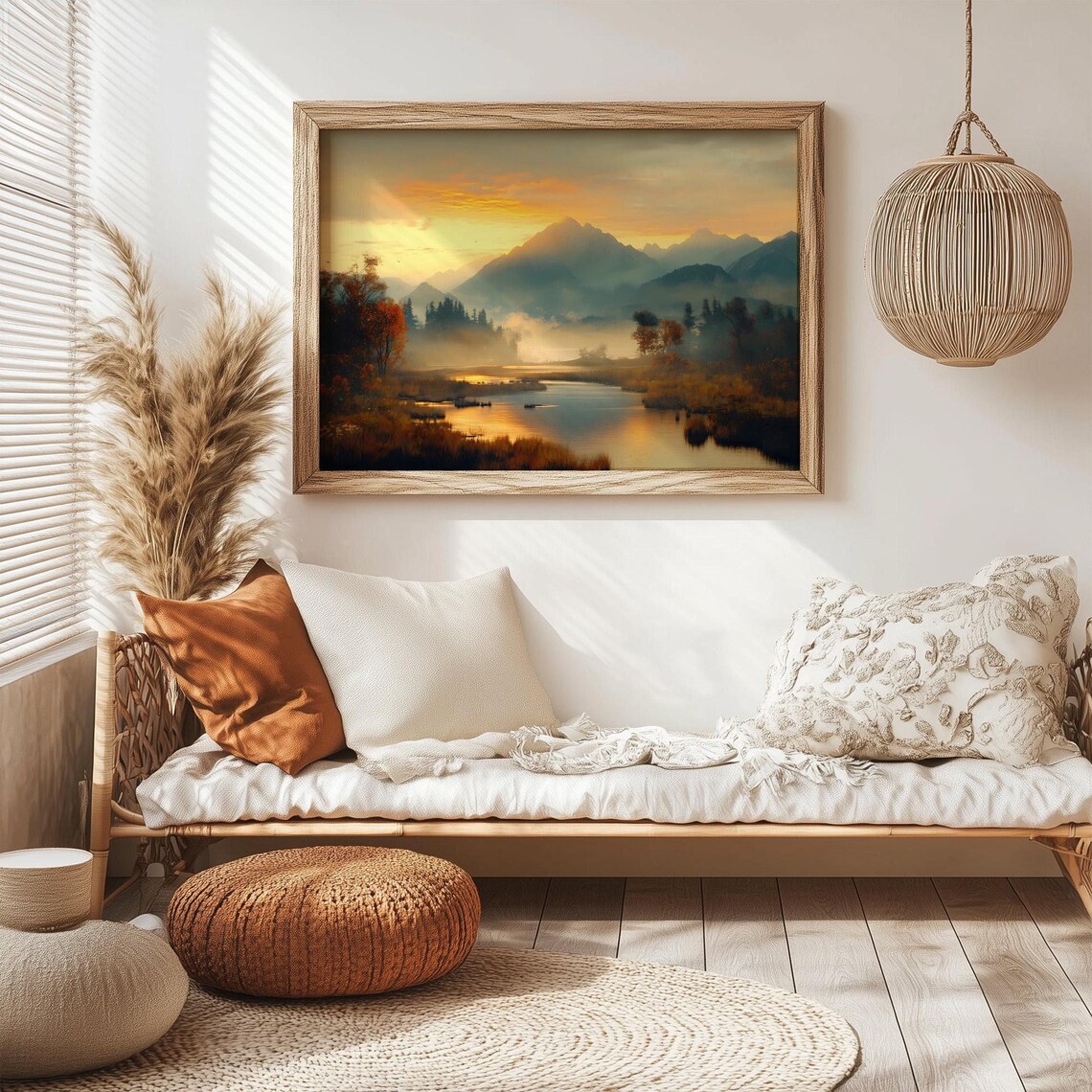 Painting Of Mountain River At Sunset Serene Landscape Wall Art Nature Home Decor Horizontal Artwork
