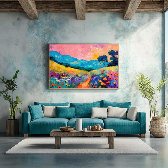 Vibrant Abstract Landscape Painting Colorful Mountain Meadow Artwork Floral For Home Decor Bold Dreamy Wall Art