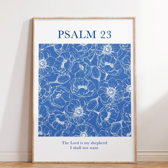 Psalm 23 Vintage Blue The Lord Is My Shepherd Floral Christian Wall Art Vintage Floral Bible Verse Religious