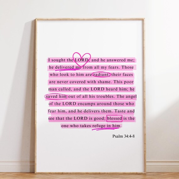 Pink Highlighted Text Psalm 34 Verses 4 to 8 Scripture Art Poster