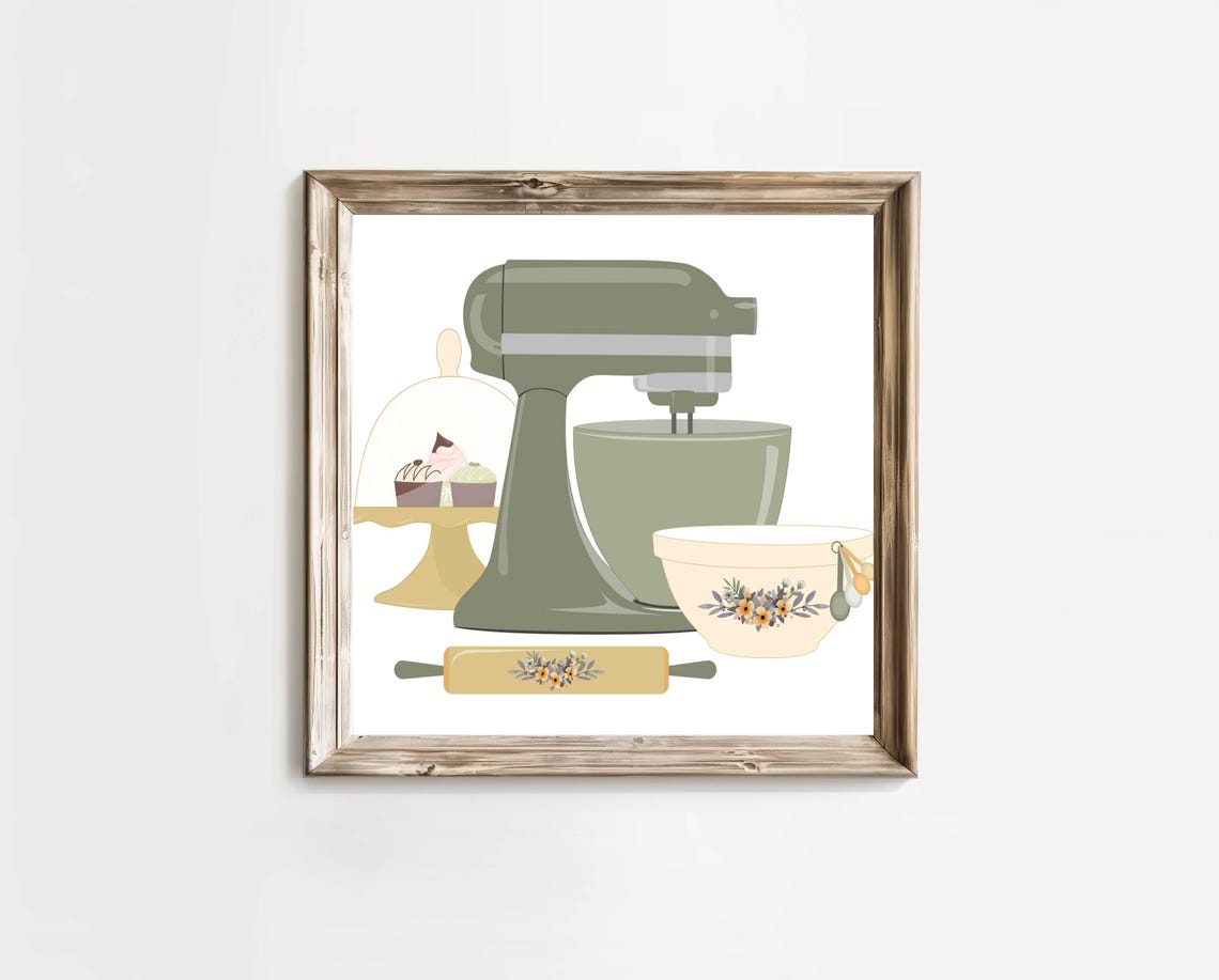 Sage Green Stand Mixer Baking Kitchen Illustration Floral Bowl Poster - Image 5