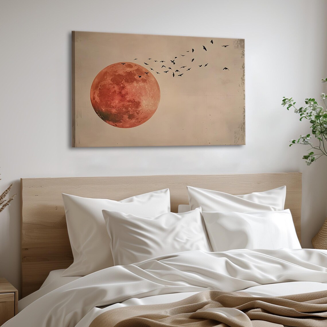 Blood Red Moon With Flock Of Birds Minimalist Canvas Wall Art - Image 2