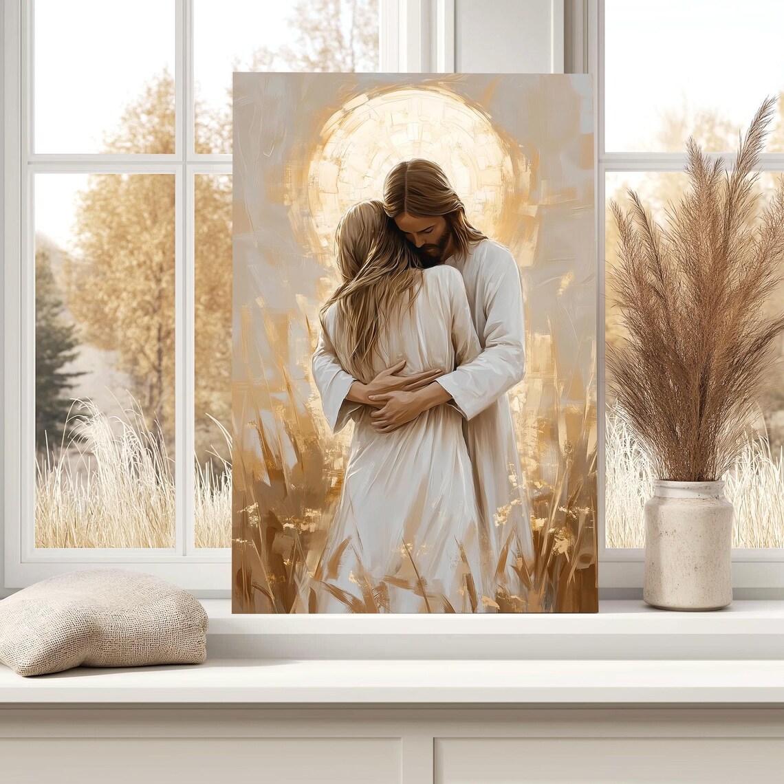 Jesus Embracing Woman Before Golden Halo Over Wheat Field Poster - Image 4