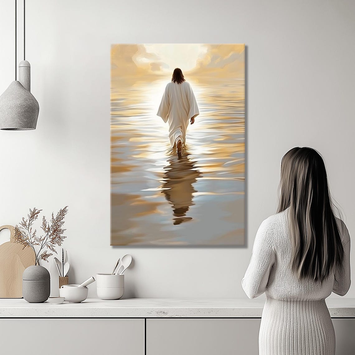 Jesus Walking On Water Golden Sunset Glow Reflection Poster Art - Image 2