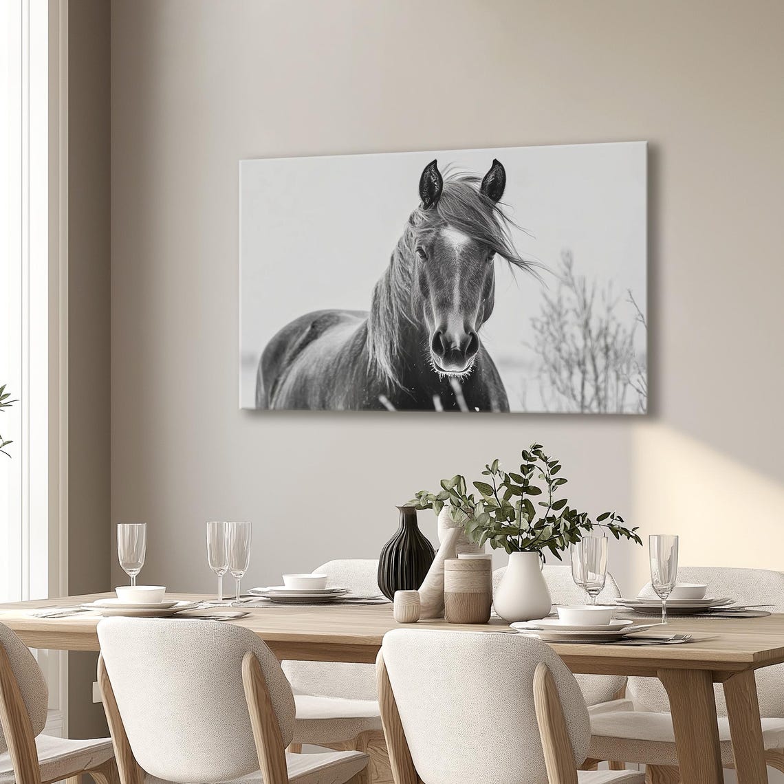 Black and White Horse Portrait With Windswept Mane Equestrian Poster - Image 5