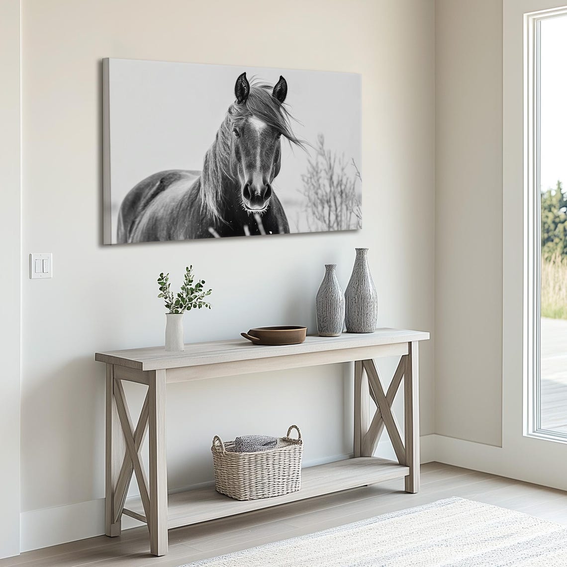 Black and White Horse Portrait With Windswept Mane Equestrian Poster - Image 6