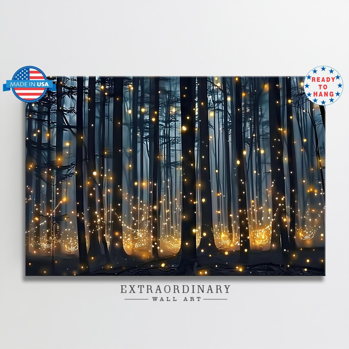 Enchanted Forest Fireflies At Night Dark Trees Misty Wall Art