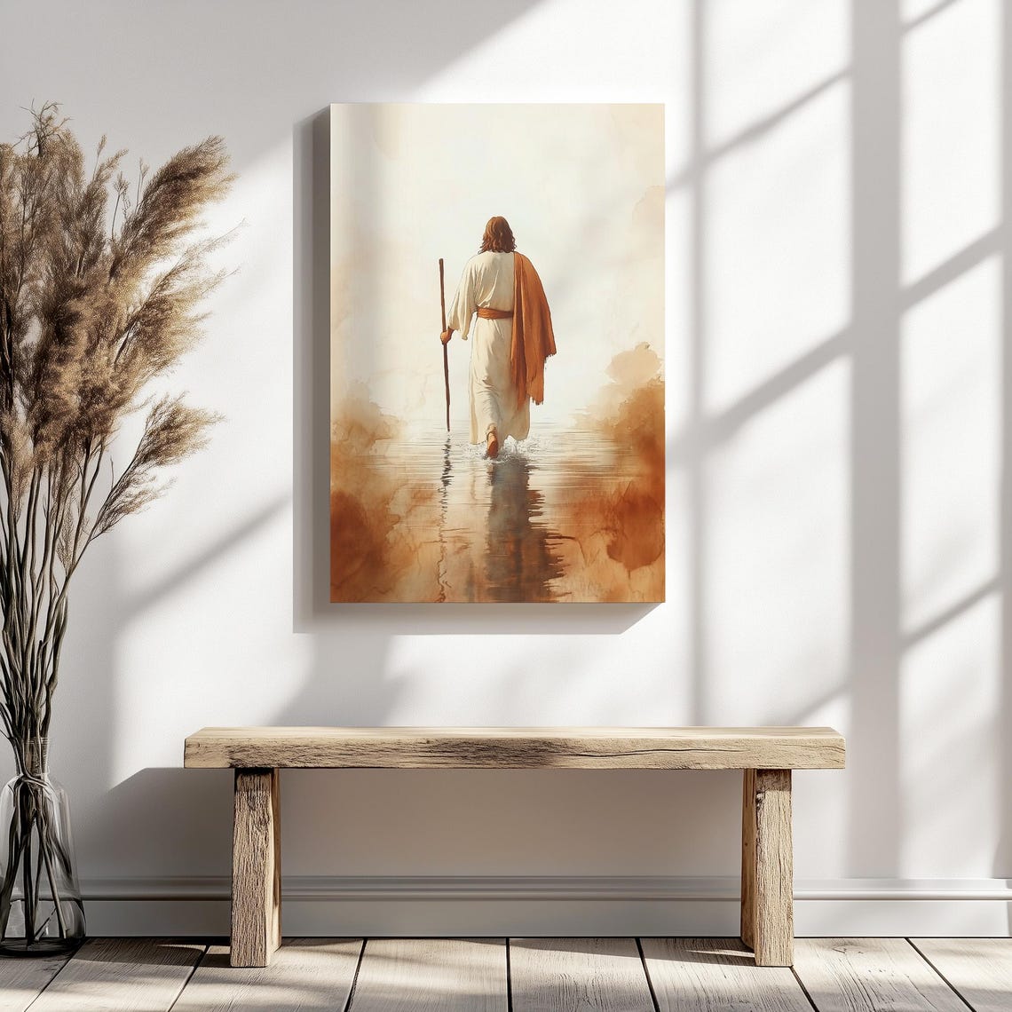 Jesus Walking On Water With Staff In Sepia Watercolor Poster - Image 4