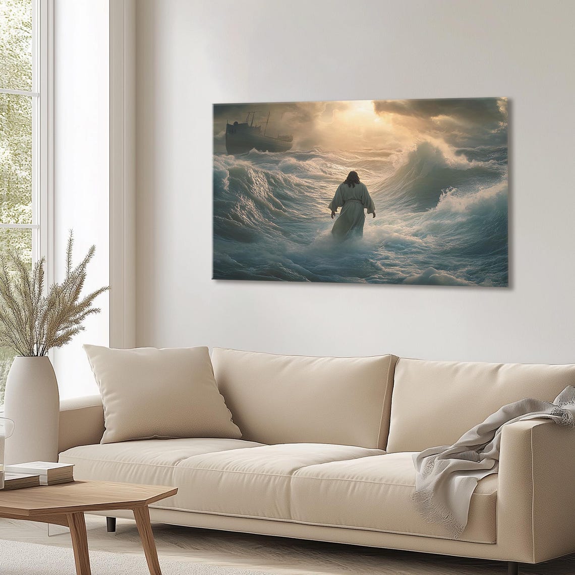 Jesus Parting The Red Sea Waves With Ship Golden Light Poster - Image 4
