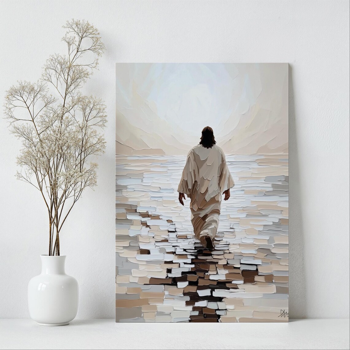 Jesus Walking Away On Water Textured Earth Tone Mosaic Poster - Image 6