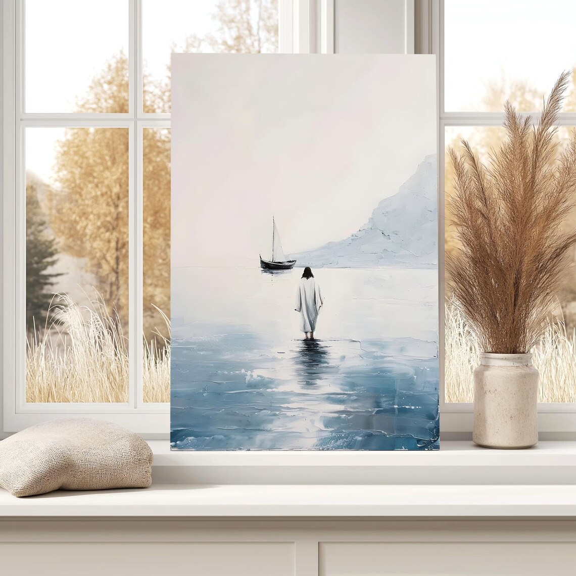 Minimalist Jesus Walking On Water Toward Sailboat Painting Poster - Image 6