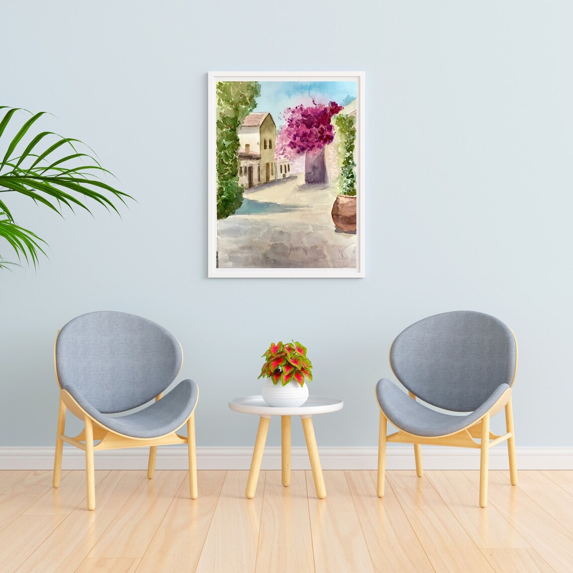 Mediterranean Street With Bougainvillea Watercolor Village Poster - Image 2