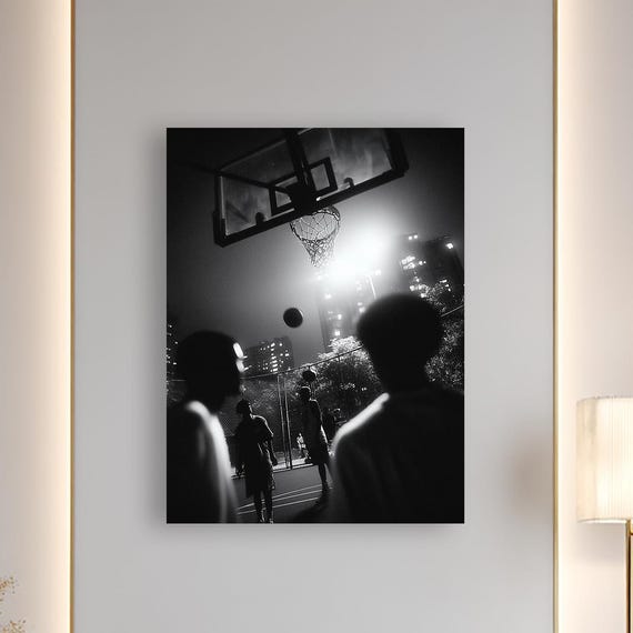 Basketball Under City Lights Black White Night Court Canvas Urban Sports Wall Art Gift