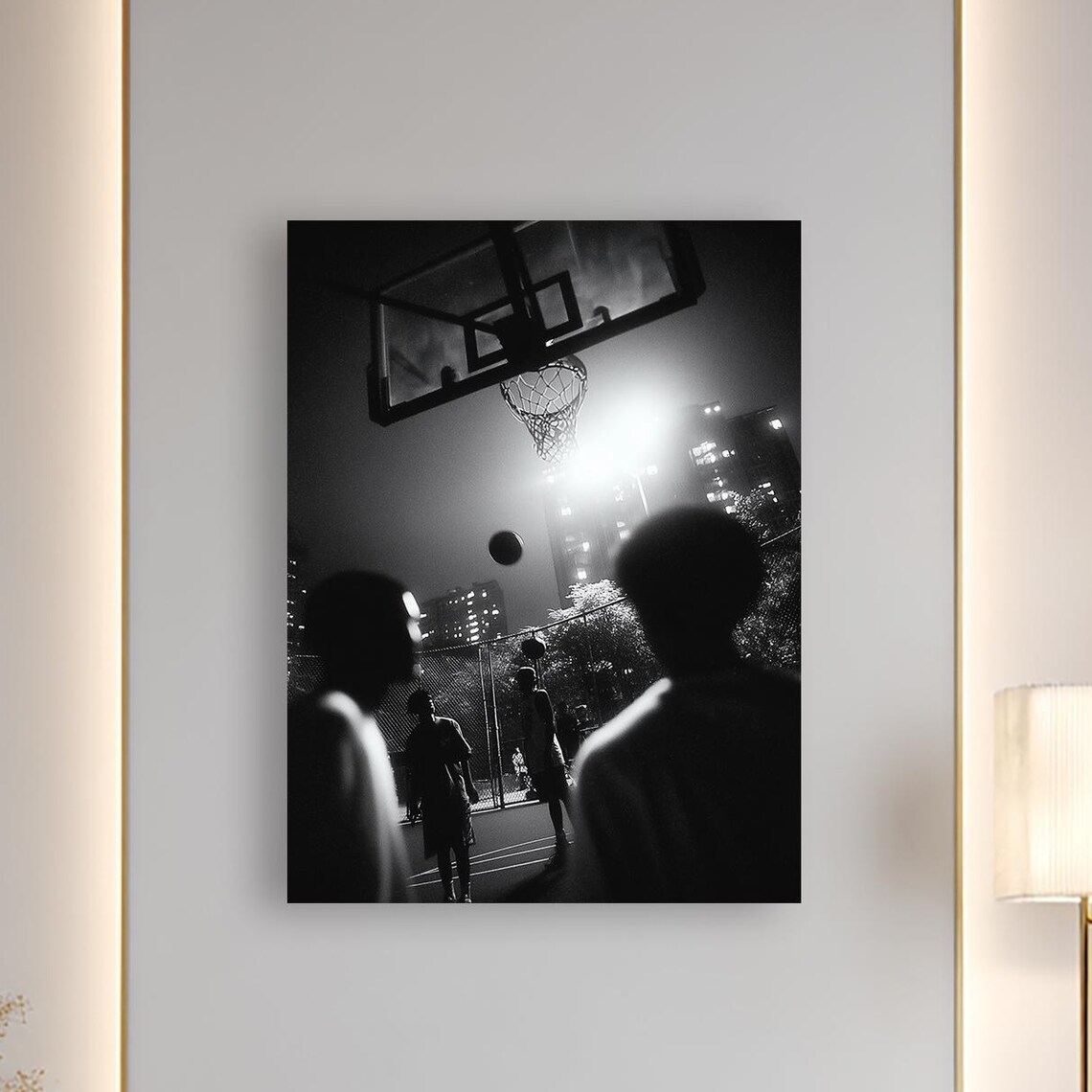 Basketball Under City Lights Black and White Night Court Game Poster