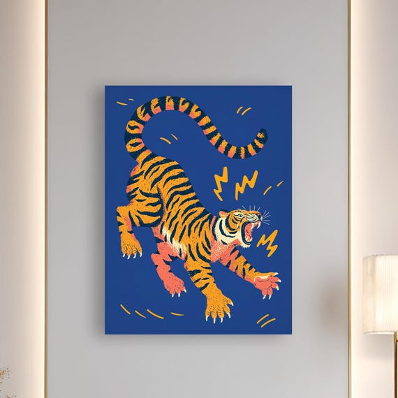 Bold Roaring Tiger Illustration Vibrant Animal Canvas Wall Art Modern Jungle Home Decor