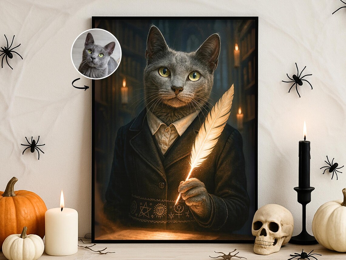 Halloween Custom Pet Portrait Gothic Spellcaster Wall Art Dark Academia Dog Cat Print