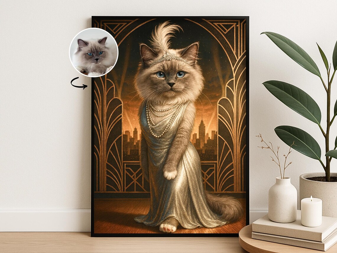 Custom Art Deco Pet Portrait, Elegant Vintage Style