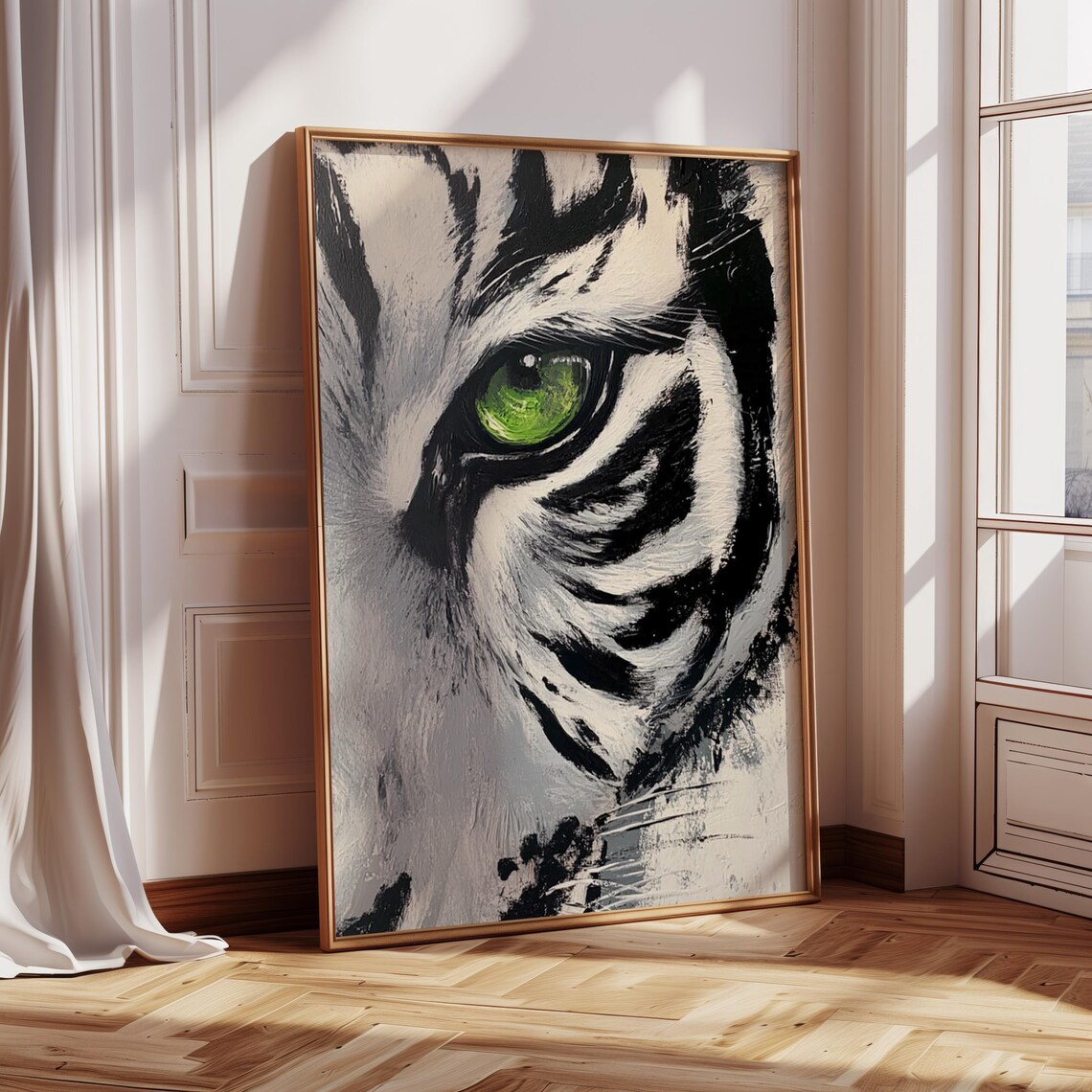 White Tiger Eye Close Up Green Eye Oil Painting Wildlife Poster