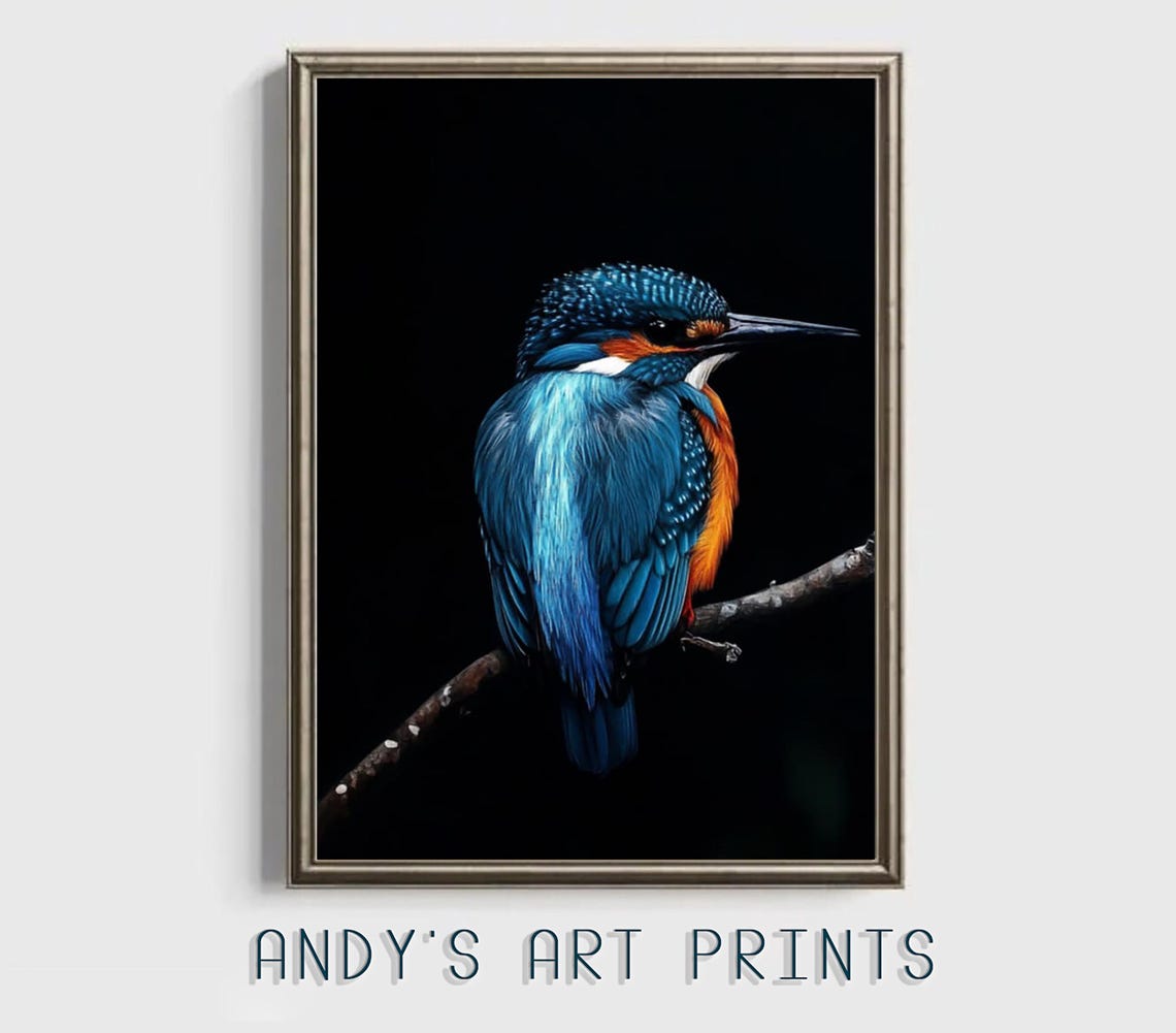 Kingfisher Seen From Behind on a Solid Black Background Oil Poster - Image 3