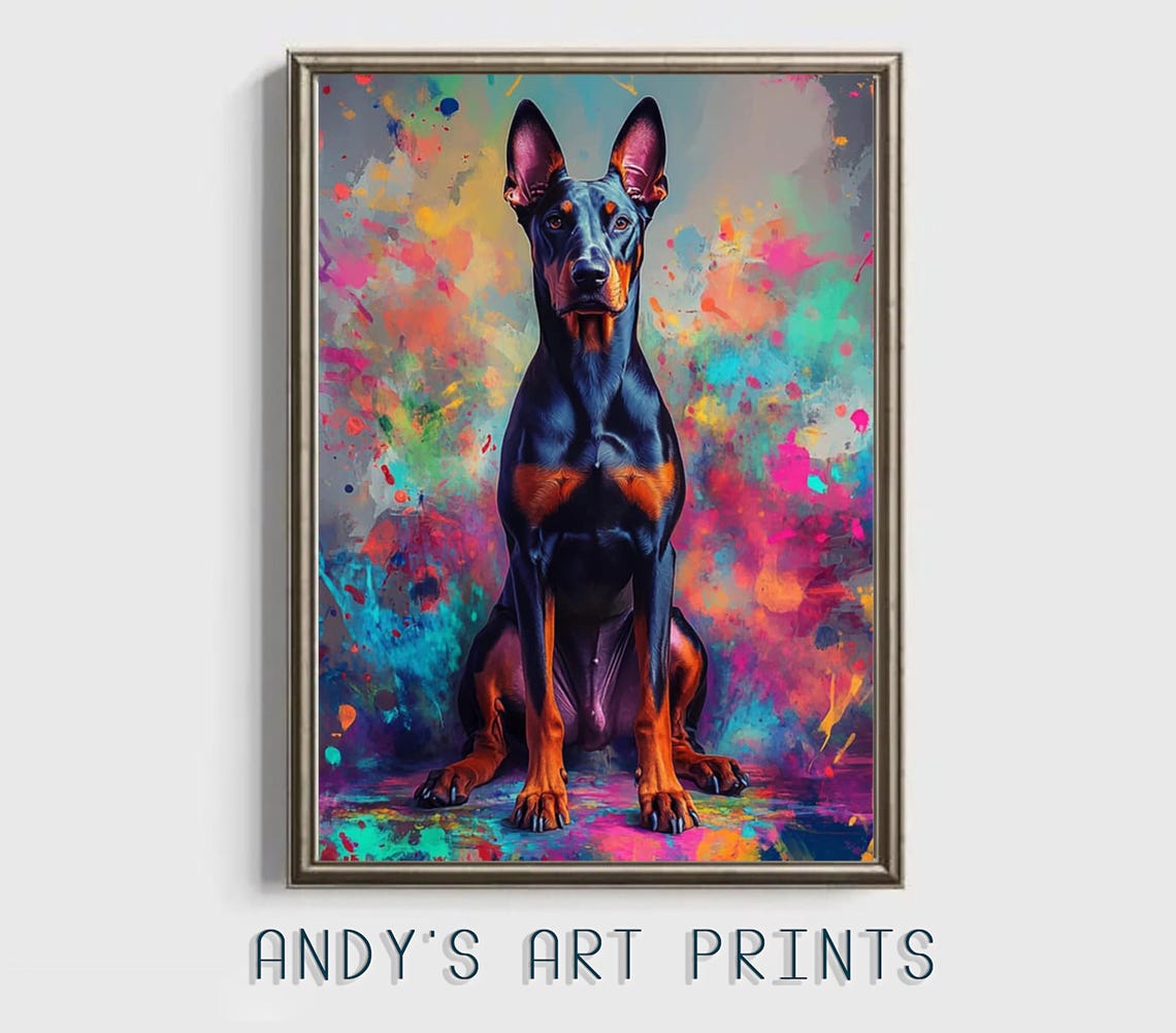 Doberman Standing Before Colorful Paint Splatter Modern Art Poster - Image 2