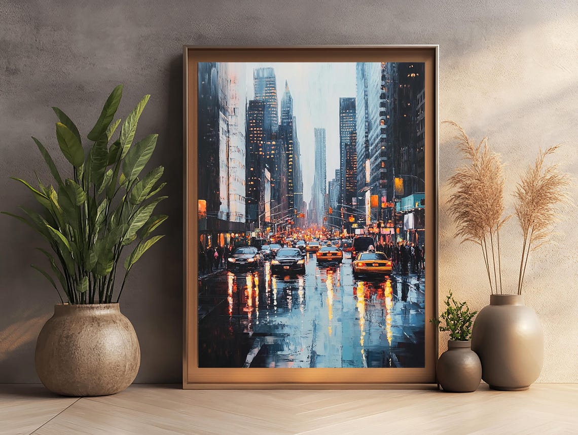 Rainy New York Night Avenue With Taxis And Towering Skyscrapers Poster - Image 3