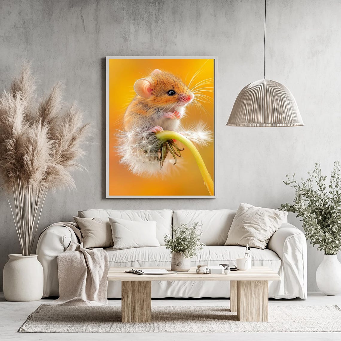 Tiny Orange Mouse Sitting On A Dandelion Against Bright Yellow Poster