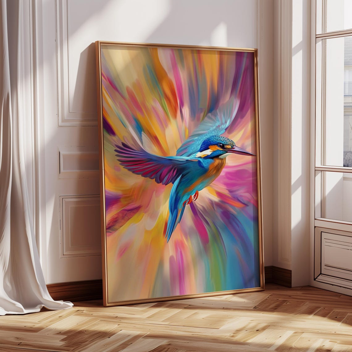 Kingfisher in Flight Across a Colorful Rainbow Burst Background Poster