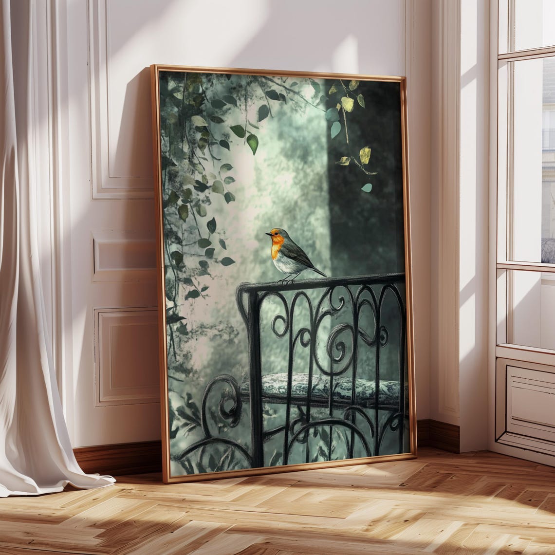 Robin On Wrought Iron Gate Leafy Green Garden Painting Poster