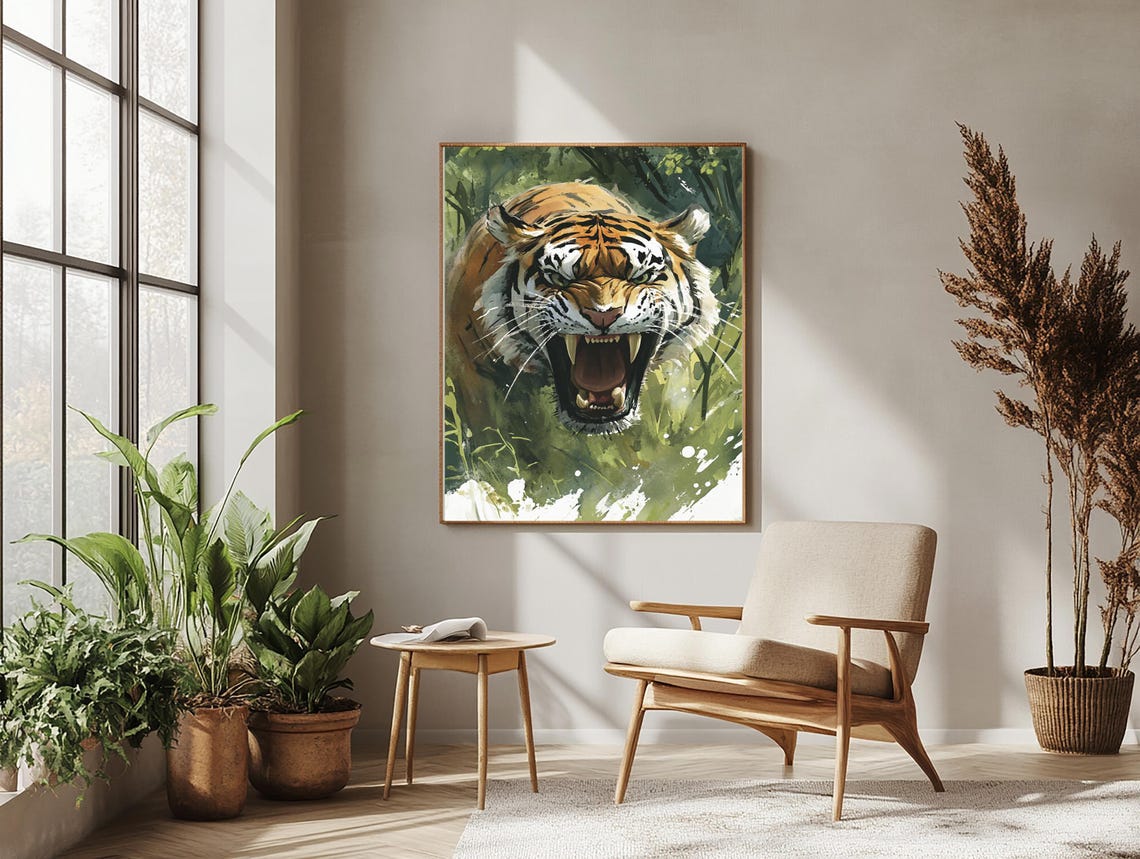Roaring Tiger Emerging From Jungle Green Wildlife Oil Painting Poster