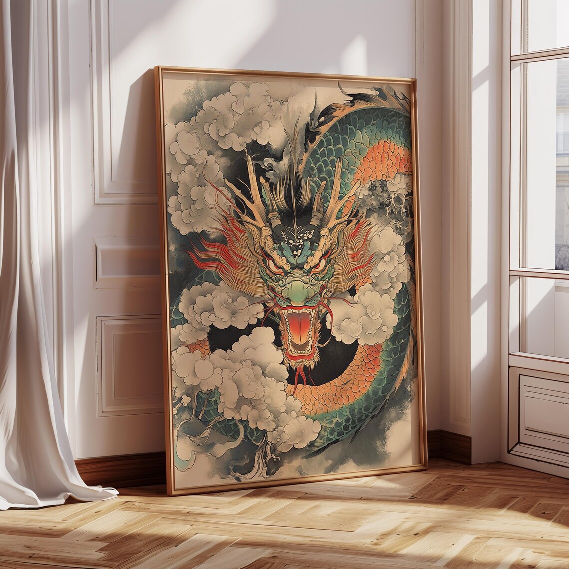 Green Japanese Dragon Roaring Out of Swirling Clouds Art Poster