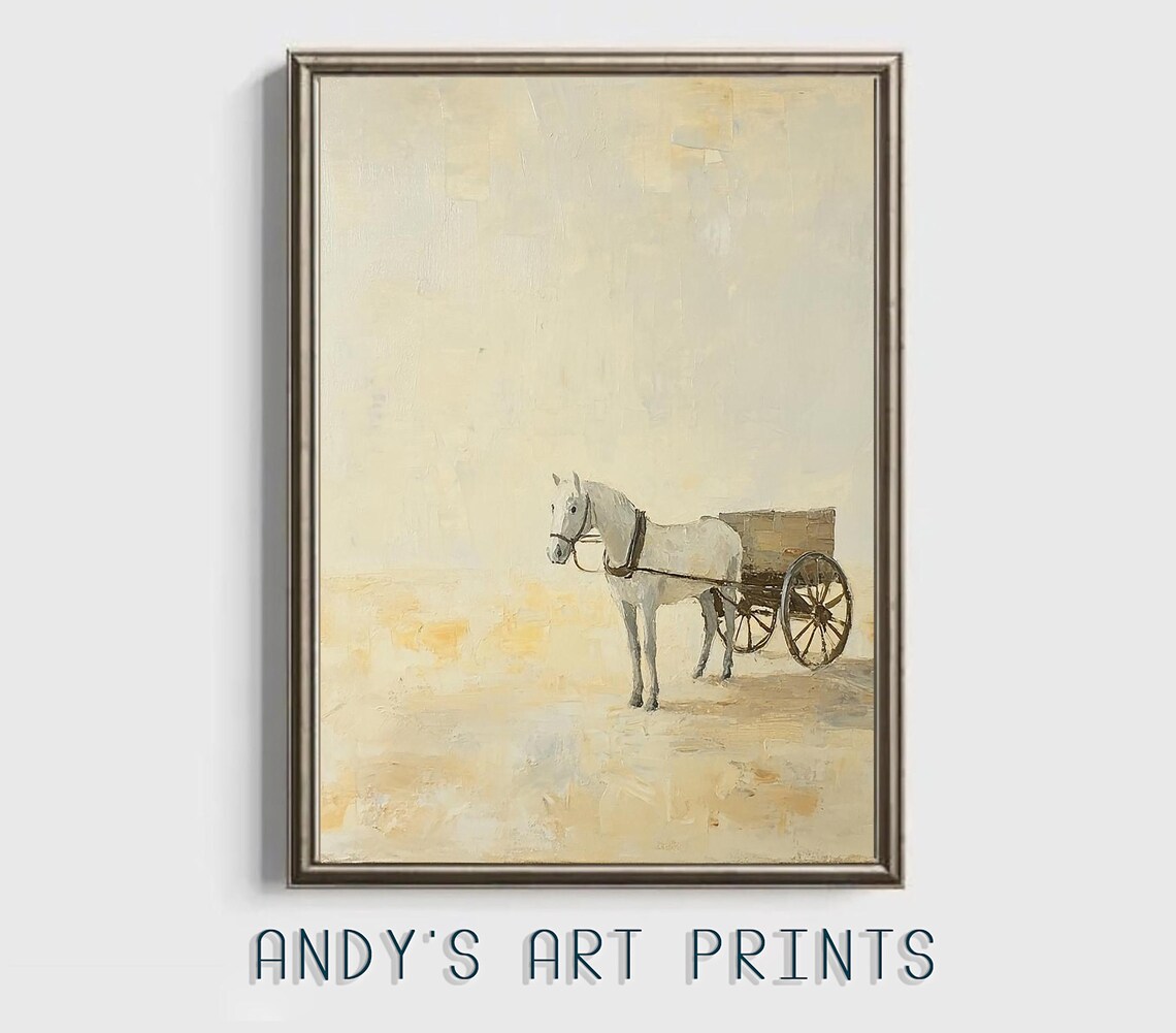 Peaceful White Horse And Cart In Minimalist Beige Vintage Style Poster - Image 2