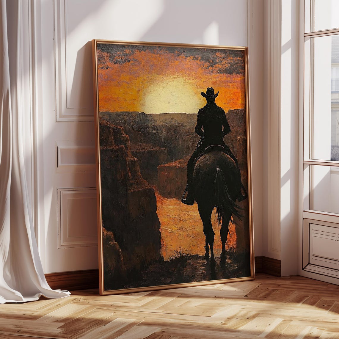 Lone Cowboy Silhouette On Horse Overlooking Canyon Sunset West Poster