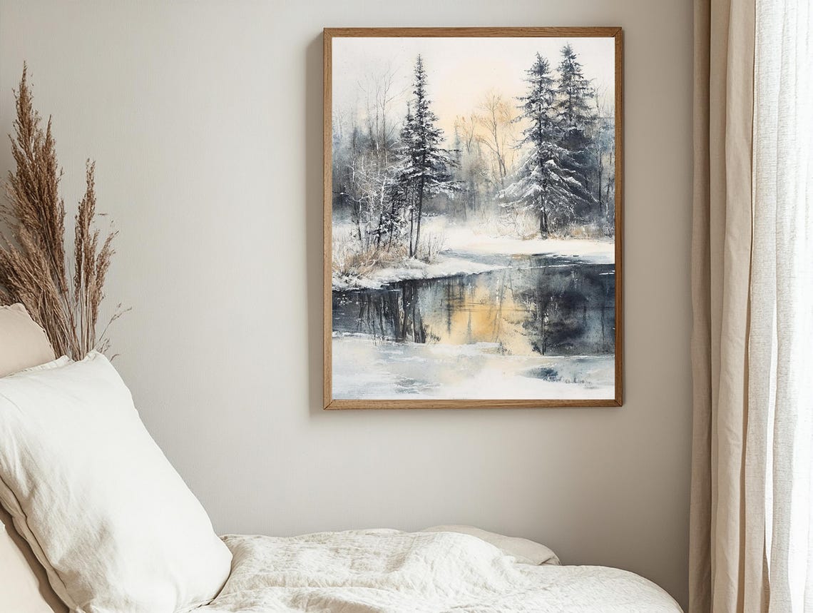 Winter River Landscape Wall Art Painting Nature Poster Oil Painting Landscape Drawing Home Decor - Image 2