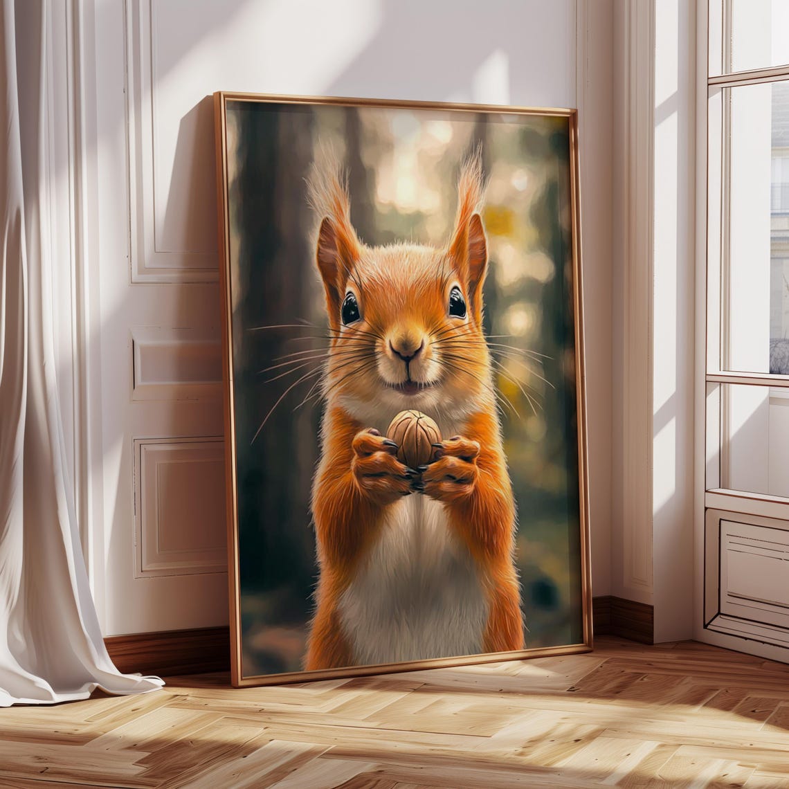 A Cute Red Squirrel Holding a Nut in a Sunlit Forest Art Poster