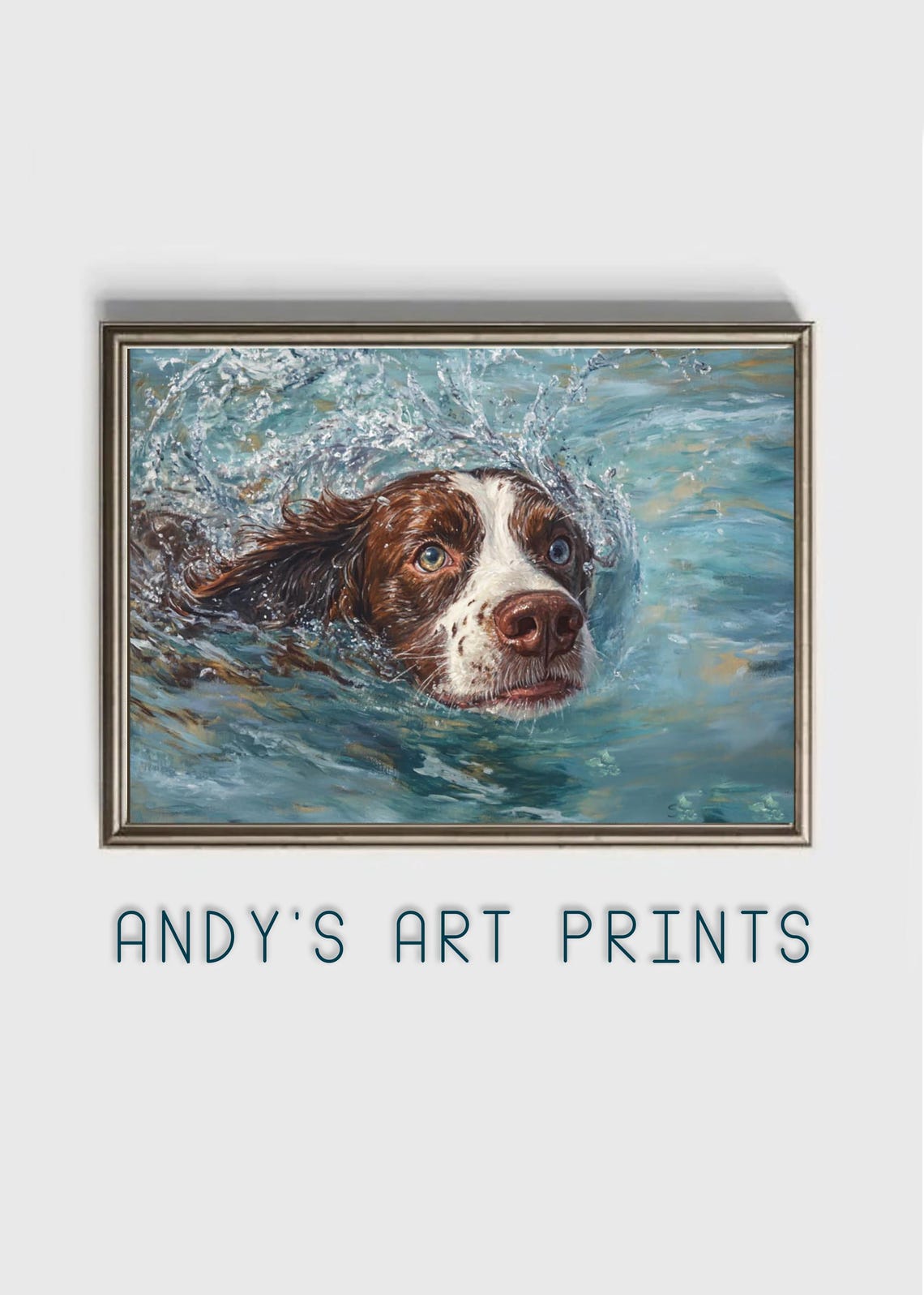Brown And White Spaniel Swimming In Splashing Water Art Poster