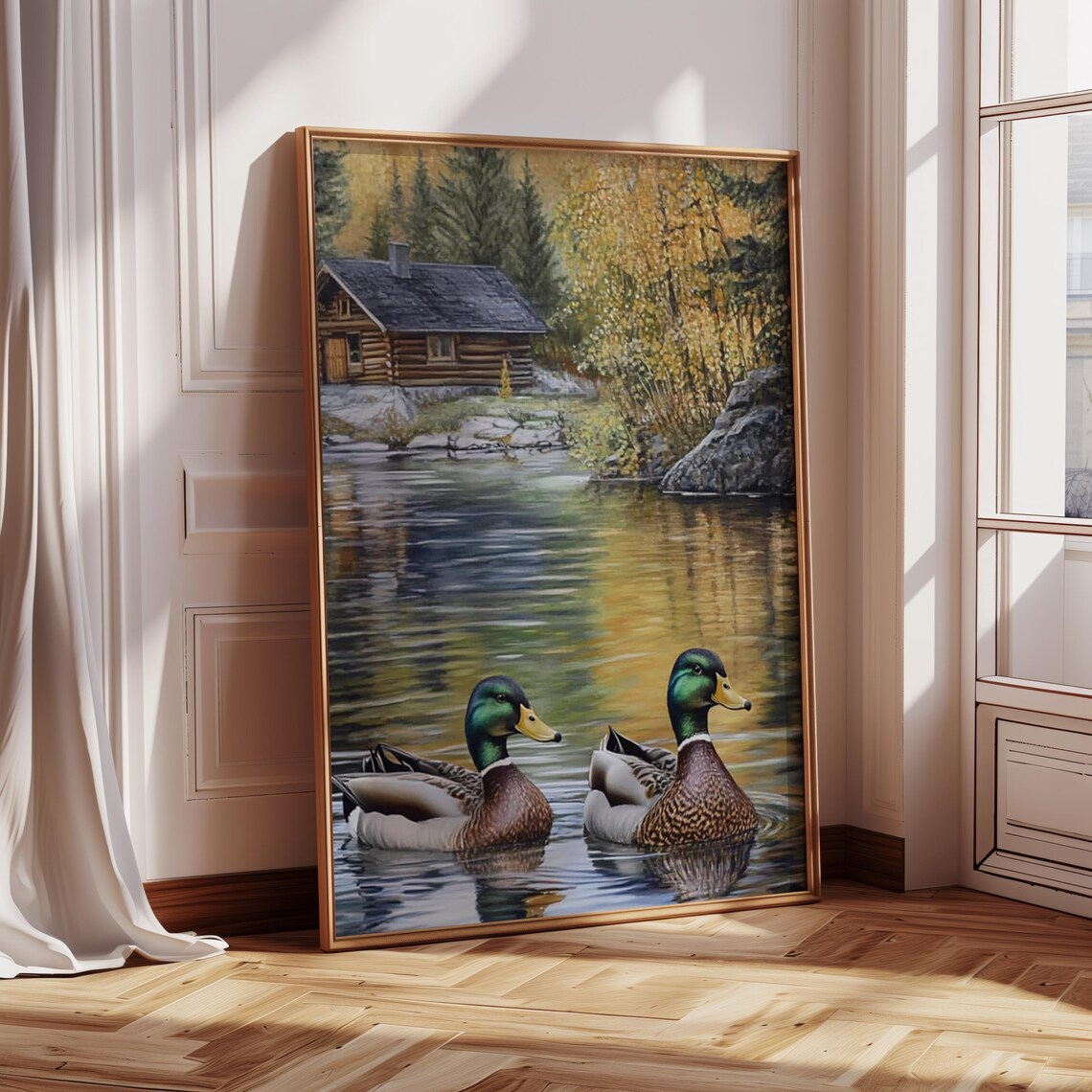 Two Mallard Ducks Swimming by a Log Cabin on an Autumn Lake Poster