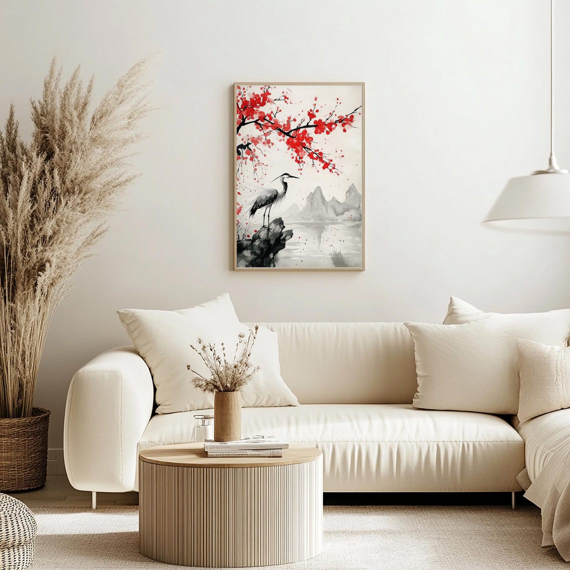 A Heron Standing on a Rock Under Red Blossoms Japanese Ink Poster - Image 2