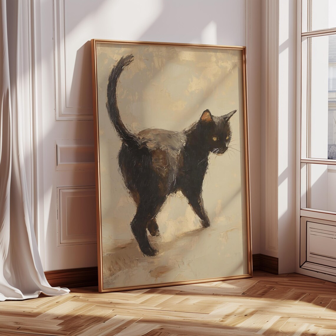 Black Cat Walking With Raised Tail Neutral Oil Painting Art Print - Image 3