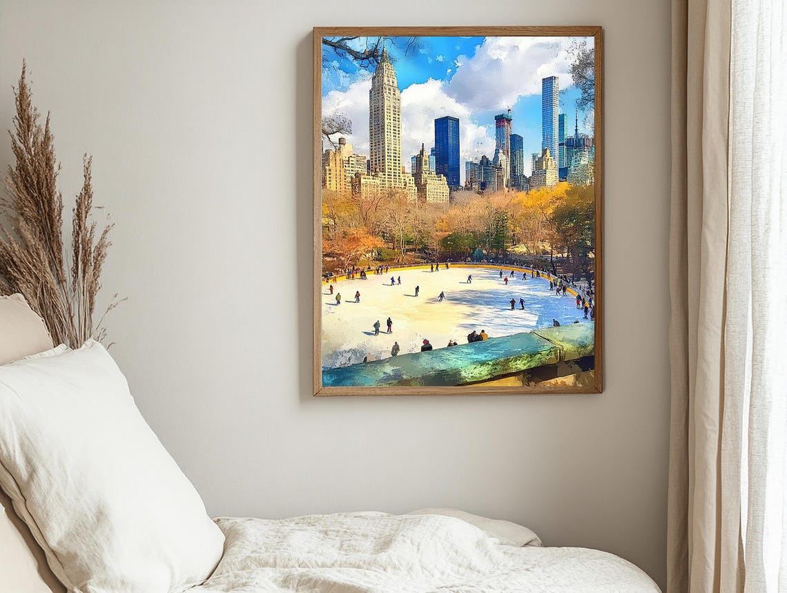 Joyful Central Park Ice Rink With Skaters And Manhattan Skyline Poster - Image 2
