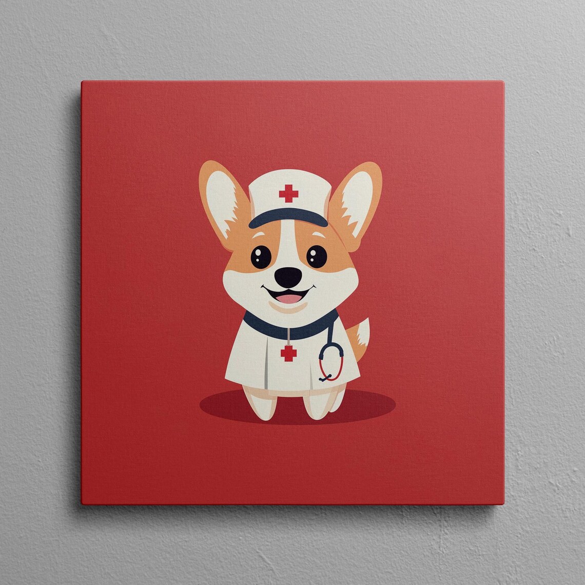 Corgi Nurse Cartoon Puppy Dog in Red Nurse Uniform Room Poster