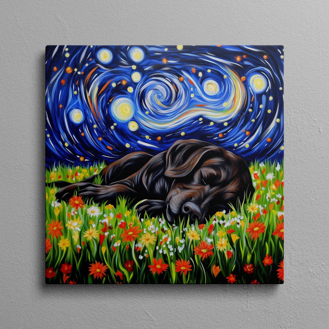 Chocolate Lab Sleeping Under a Starry Night Sky Painting Poster