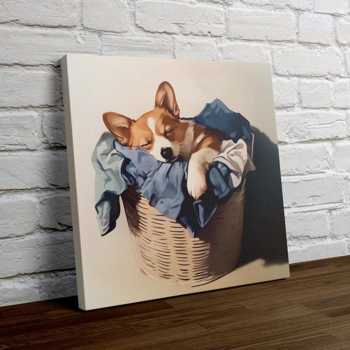 Corgi Laundry Room Art Print, Sleeping in Basket - Image 4